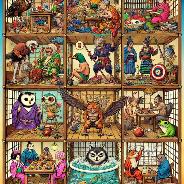 A multi-scene illustration featuring anthropomorphic animals engaging in different activities inside a traditional Japanese building. Click to practice Japanese verb groups.