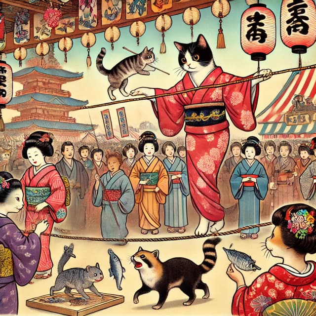 A cat in a kimono performing a balancing act at a lively Japanese festival, with a raccoon and fish on a tightrope. Click to master Japanese verb forms.