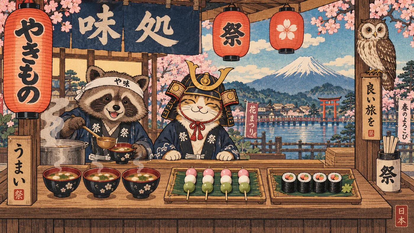 Animals selling sushi at a traditional Japanese festival with Mount Fuji in the background. Click to learn Japanese counters.