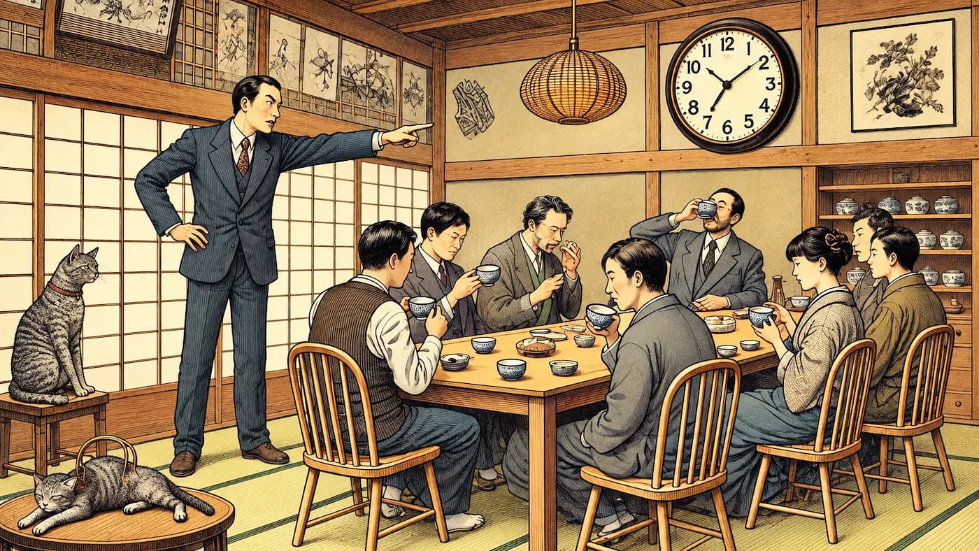 Men in a traditional Japanese tea house checking the time on a wall clock while drinking tea. Click to learn the Japanese counter 時 (ji) for hours.