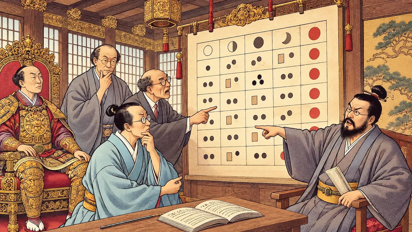 A group of scholars in traditional Japanese attire discussing a large calendar in a historical setting. Click to learn the Japanese counter 日 (nichi) for days of the month.