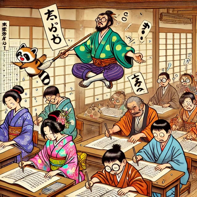 Students in traditional Japanese clothing focused on writing, while a lively teacher and a raccoon enthusiastically demonstrate grammar points. Click to view the JLPT N4 grammar list.
