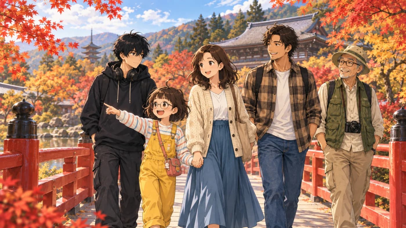 Ren, Mei, Misaki, Kenta, and Hiroshi crossing a red bridge in an autumn garden near a Japanese temple.