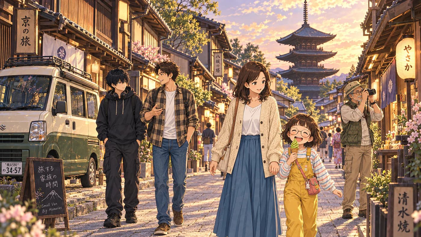 A family strolling down a historic Kyoto street toward a five-story pagoda at sunset.