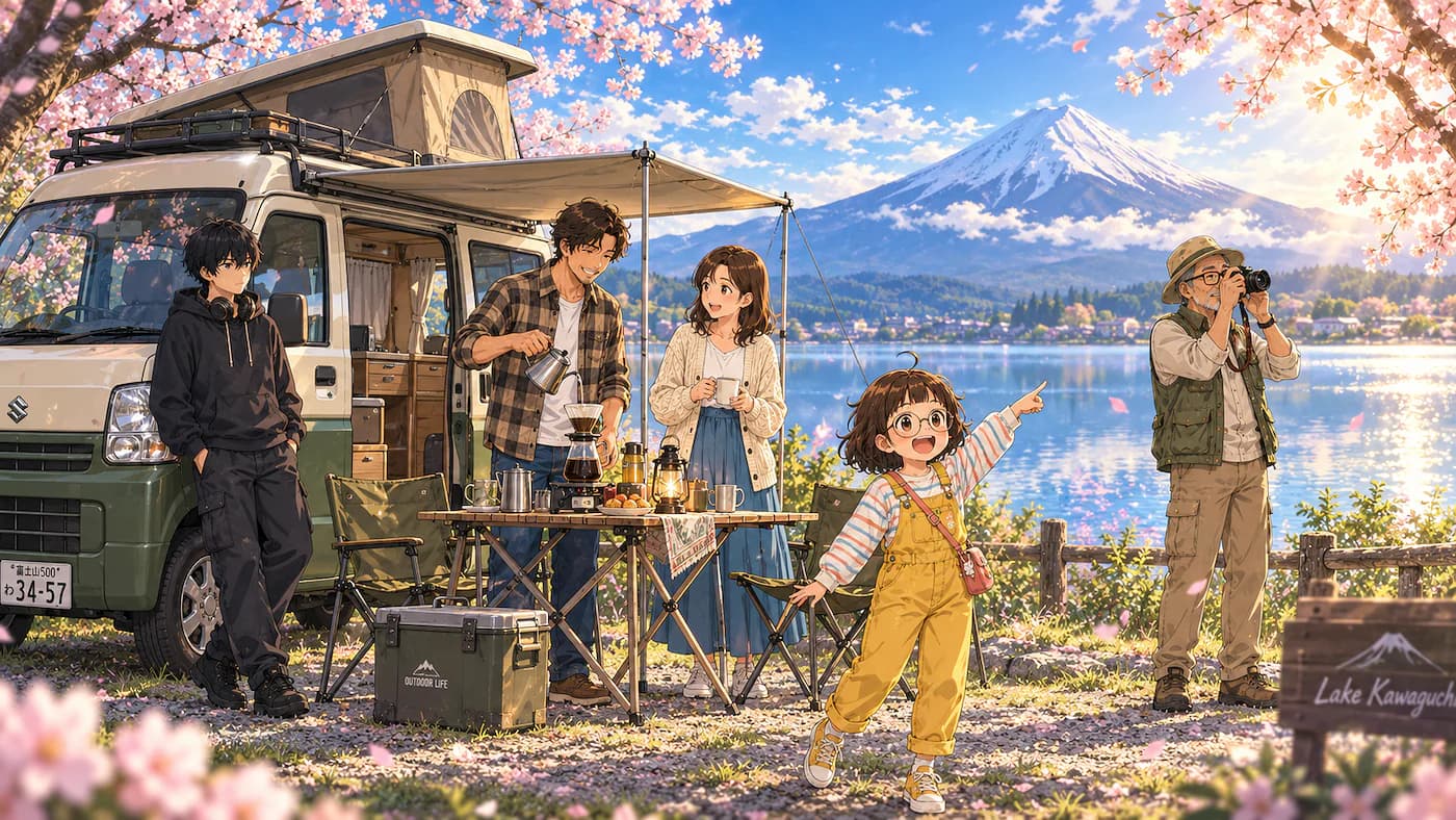 A family camping by Lake Kawaguchi under cherry blossoms, with Mount Fuji across the water.
