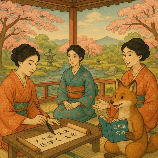 Three women in kimonos and a fox holding a grammar book study together in a peaceful outdoor setting. Click to take JLPT N4 grammar tests.