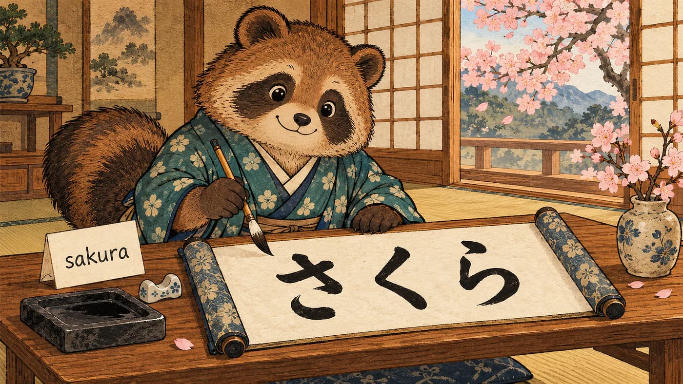 A tanuki turning a sakura reference card into さくら on a washi scroll at a writing desk beside cherry blossoms. Click to use the Hiragana Converter.