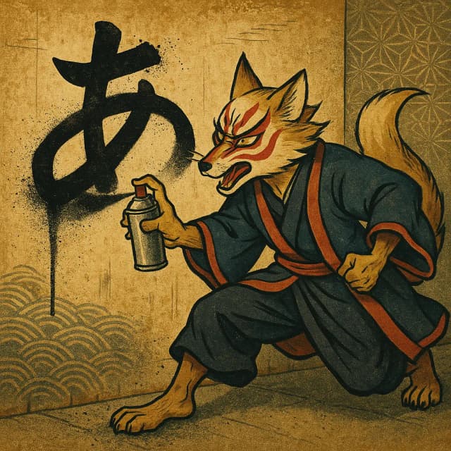 A fox in a traditional outfit spray-painting the Hiragana character 'あ' on a wall in a bold, graffiti-like style. Click to take the Hiragana quiz.