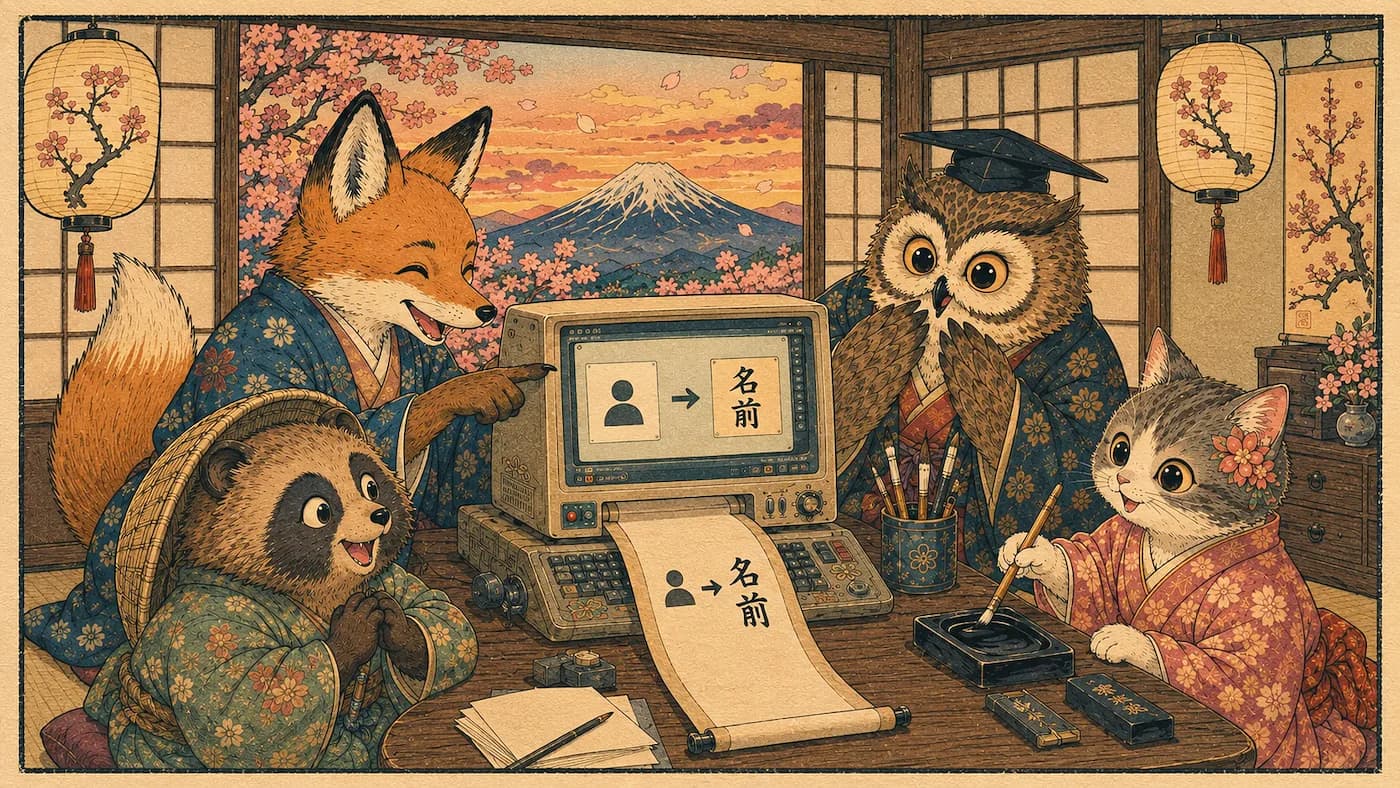 Bir tilki, baykuş, rakun ve kedi bilgisayarda bir ismi Japonca karakterlere dönüştürmek için birlikte çalışıyor. Japonca İsim Dönüştürücü'yü kullanmak için tıklayın.