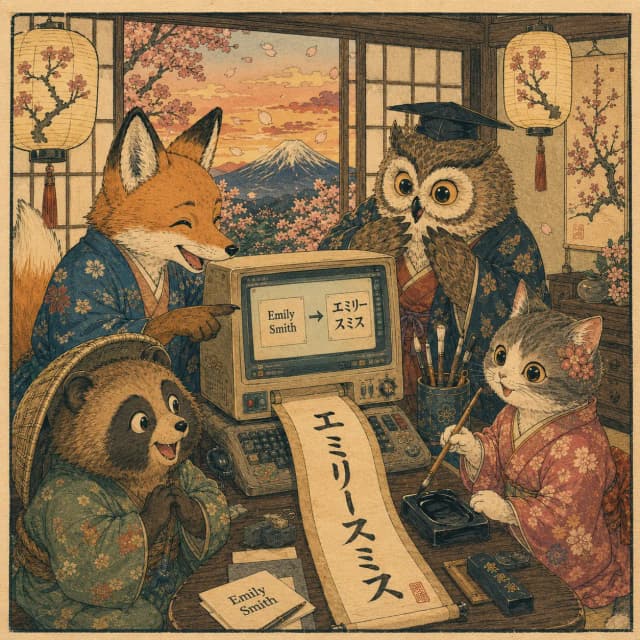 A fox, owl, raccoon, and cat working together to convert a name into Japanese characters on a computer. Click to use the Japanese Name Converter.