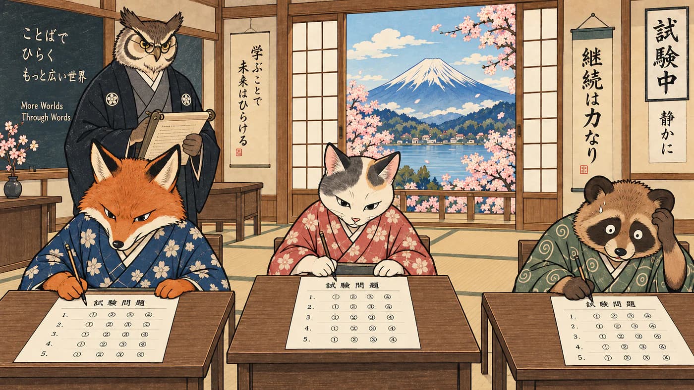 Animals taking an exam in a traditional Japanese classroom. Click to explore JLPT tests and study materials.