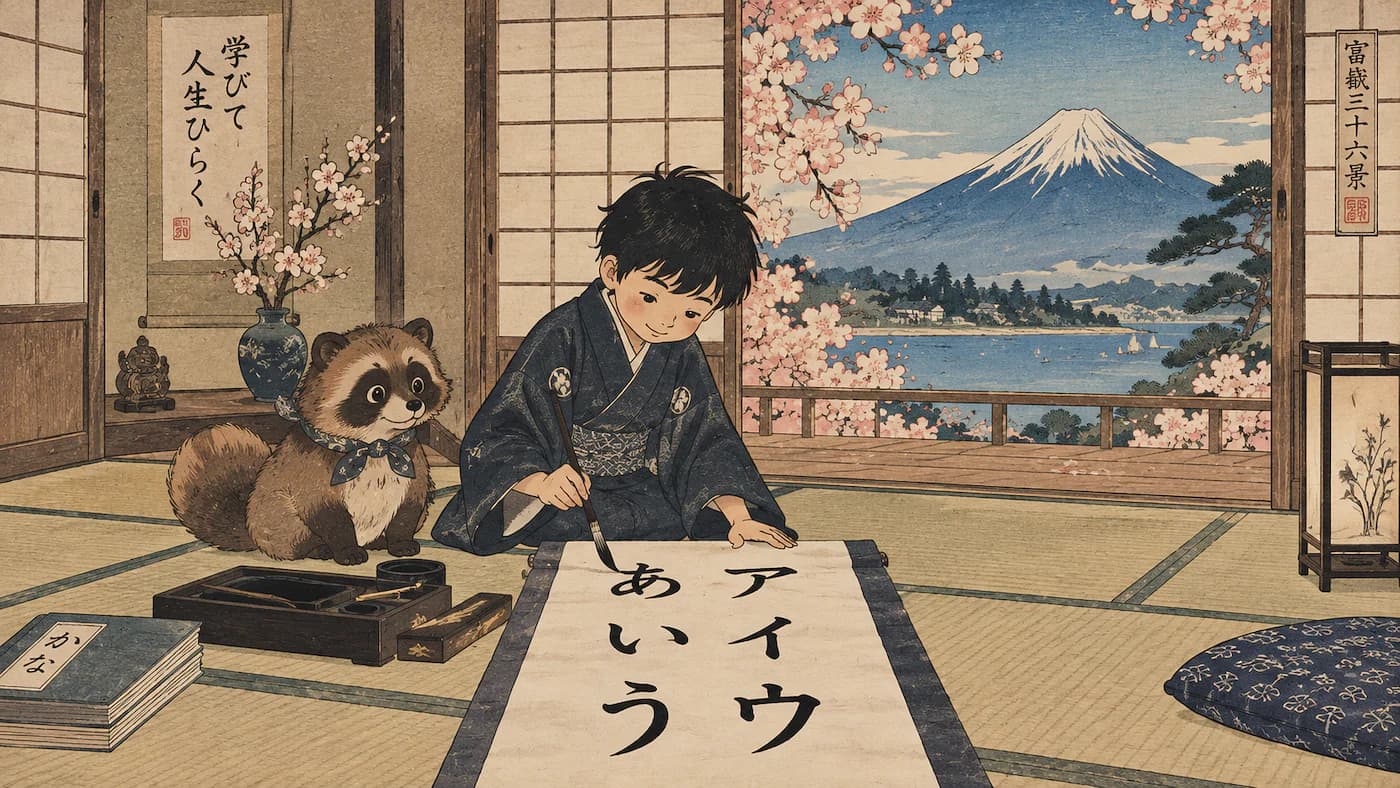 A young student practicing Japanese writing with a brush on a scroll in a traditional setting, with Mount Fuji visible outside. Click to learn Hiragana & Katakana.