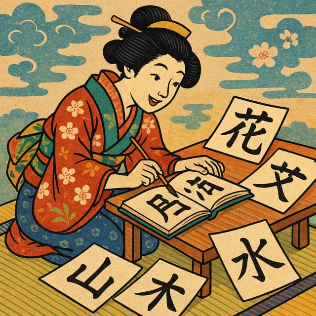 A woman in traditional Japanese attire happily studying Kanji cards at a low desk. Click to practice JLPT N4 Kanji tests.