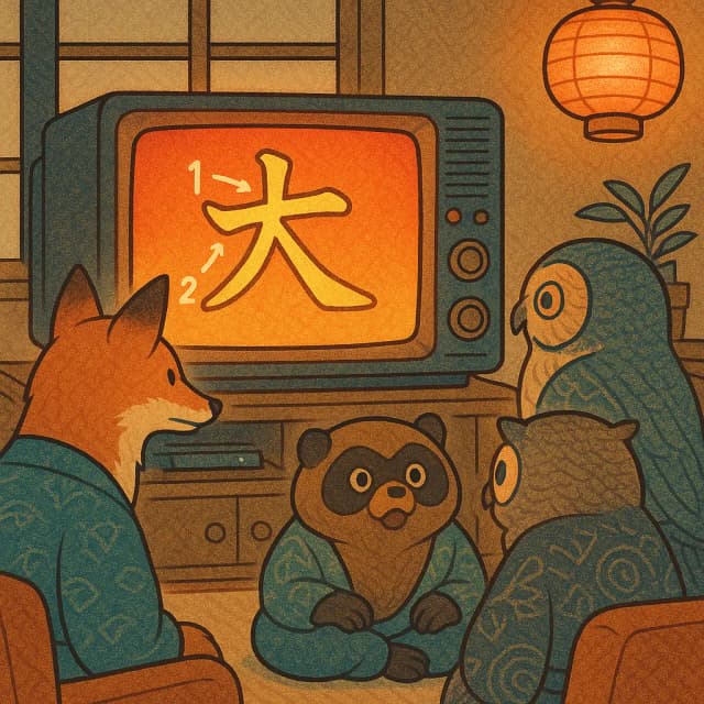 Animals watching a TV screen showing animated Kanji stroke order in a cozy Japanese room. Click to create Kanji stroke GIFs.
