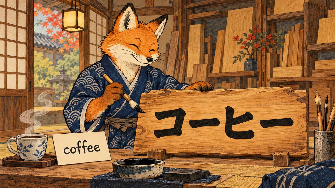 A fox craftsman turning a coffee reference card into a wooden sign reading コーヒー in a traditional Japanese sign shop. Click to use the Katakana Converter.