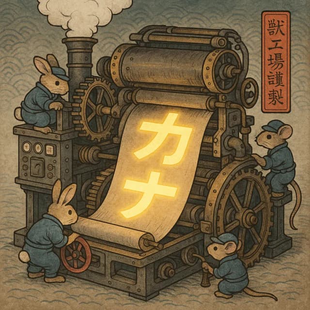 Mice and rabbits operating a traditional printing machine producing glowing Katakana characters. Click to take the Katakana quiz.