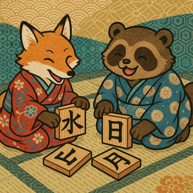A fox and a raccoon in kimonos happily studying wooden Kanji blocks together. Click to practice JLPT N5 Kanji.