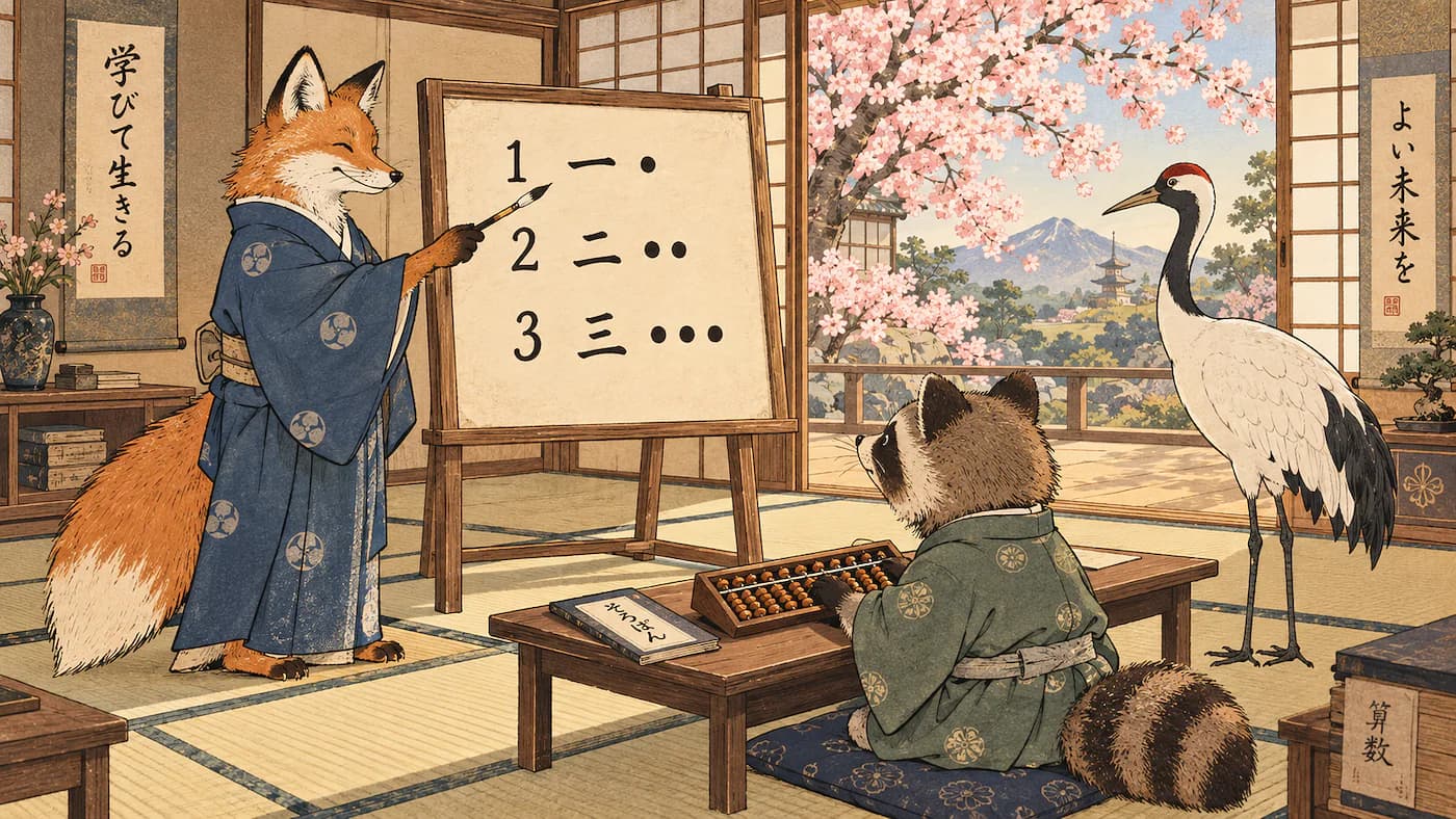 Animals learning numbers in a traditional Japanese classroom with an abacus and chalkboard. Click to learn Japanese numbers.