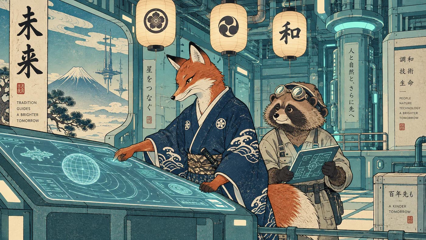Animals in a futuristic Japanese-style lab using high-tech tools and digital screens. Click to explore Japanese learning tools.
