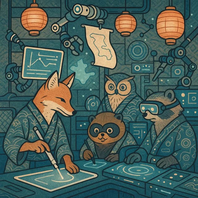 Animals in a futuristic Japanese-style lab using high-tech tools and digital screens. Click to explore Japanese learning tools.