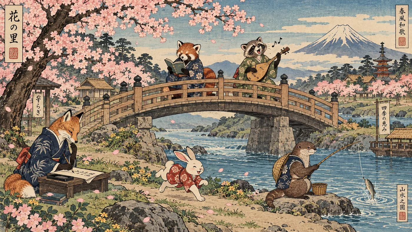 Animals in a Japanese garden doing different actions, like reading and washing. Click to learn Japanese verbs.