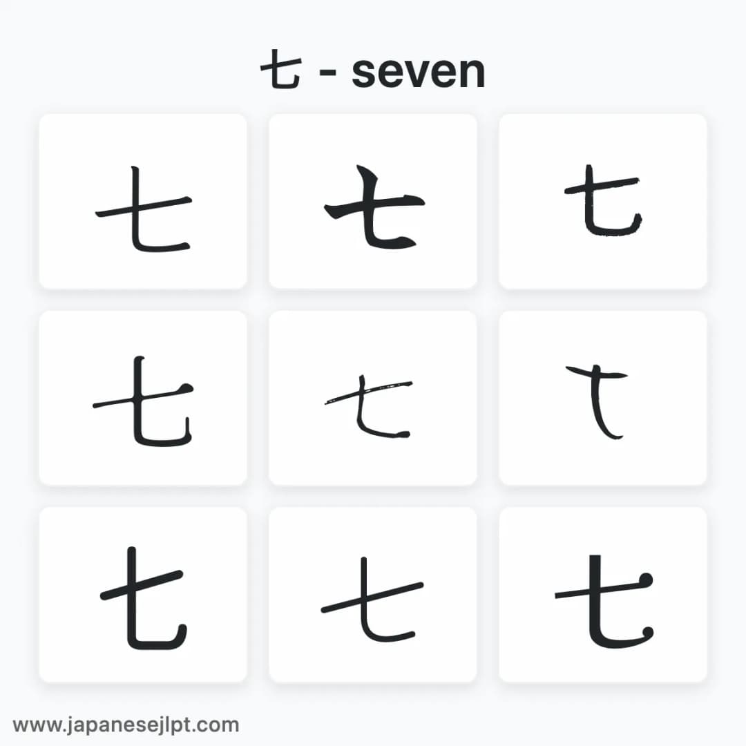 Japanese kanji 七 in different fonts