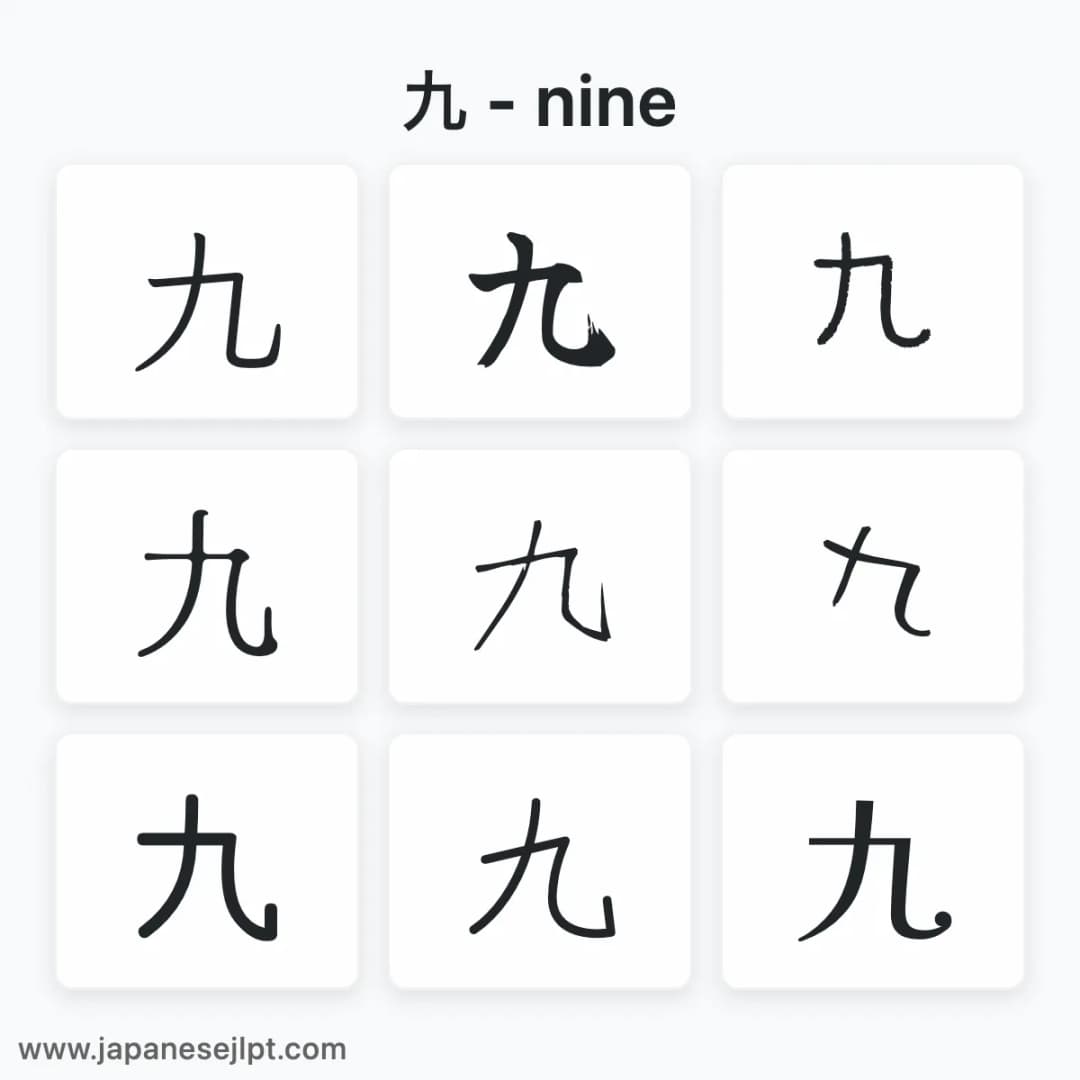 Japanese kanji 九 in different fonts