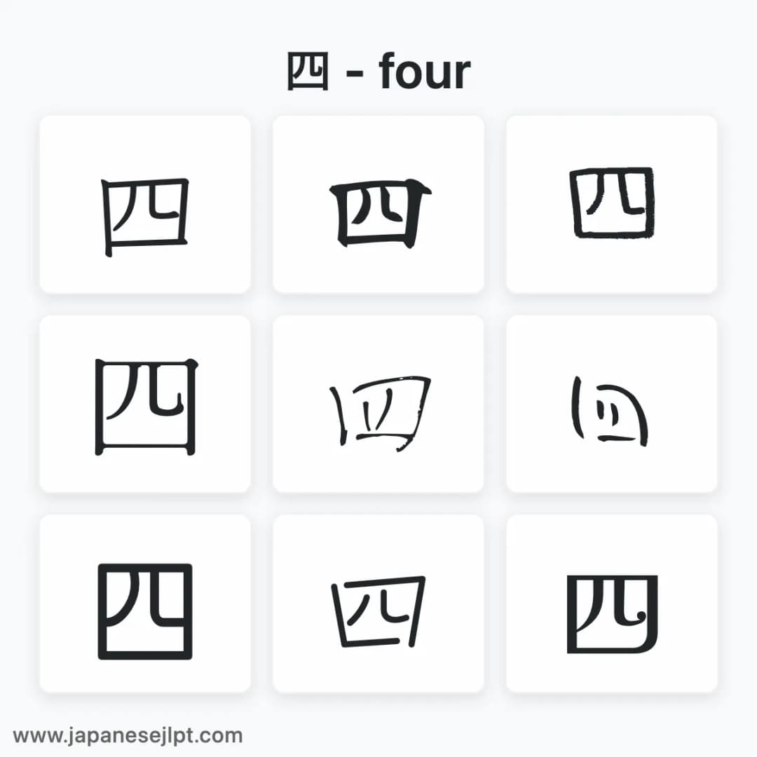 Japanese kanji 四 in different fonts