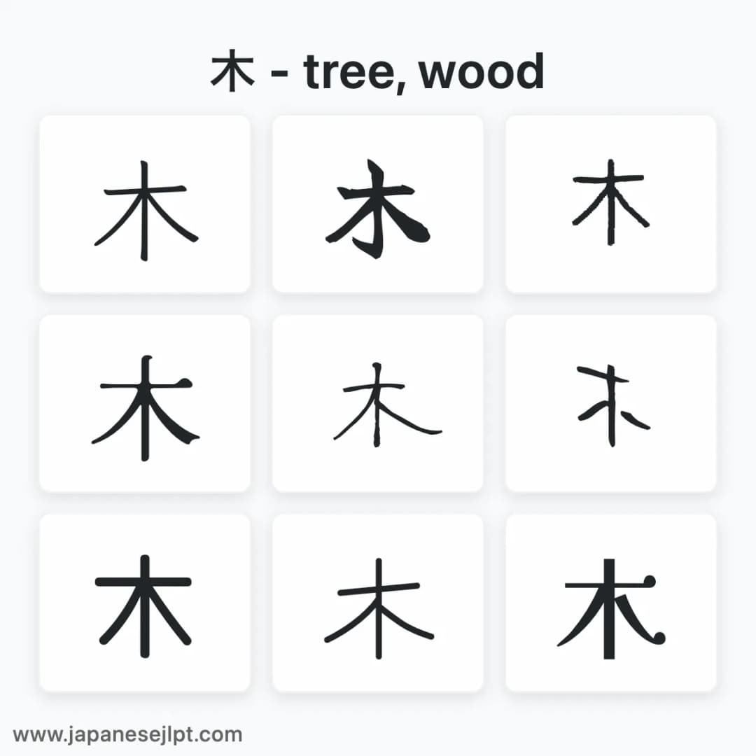Japanese kanji 木 in different fonts