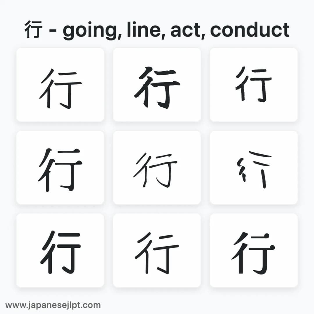 Japanese kanji 行 in different fonts