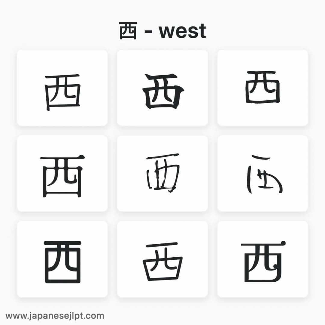 Japanese kanji 西 in different fonts