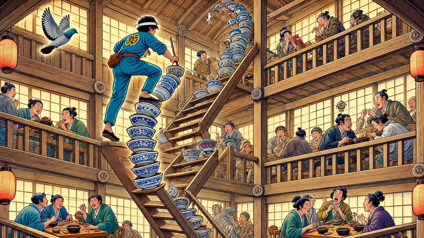 A worker balancing a tall stack of bowls while climbing stairs in a multi-story traditional Japanese building. Click to learn the Japanese counter 階 (kai) for floors of a building.