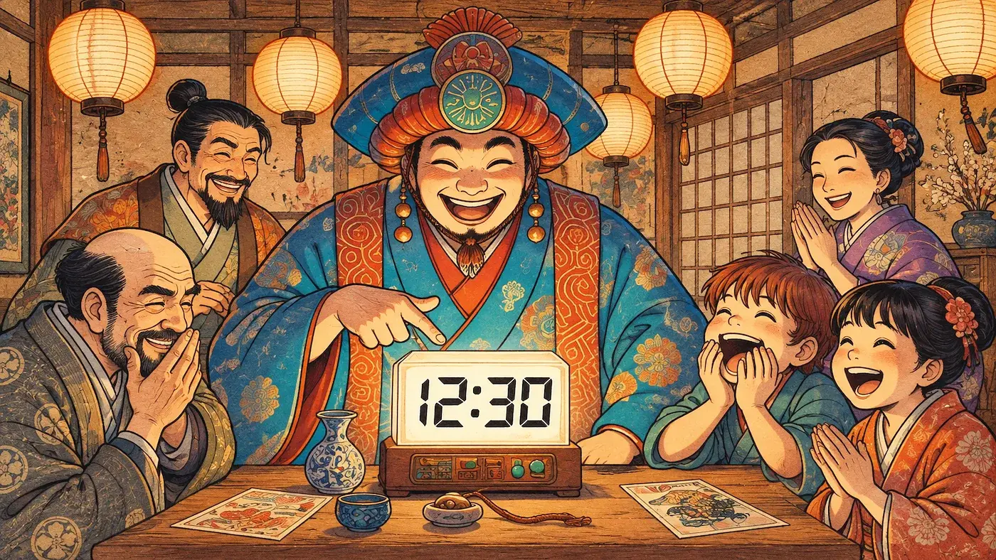 A joyful man in traditional Japanese attire presenting a digital clock reading 12:30, surrounded by laughing people. Click to learn the Japanese counter 分 (fun) for minutes.