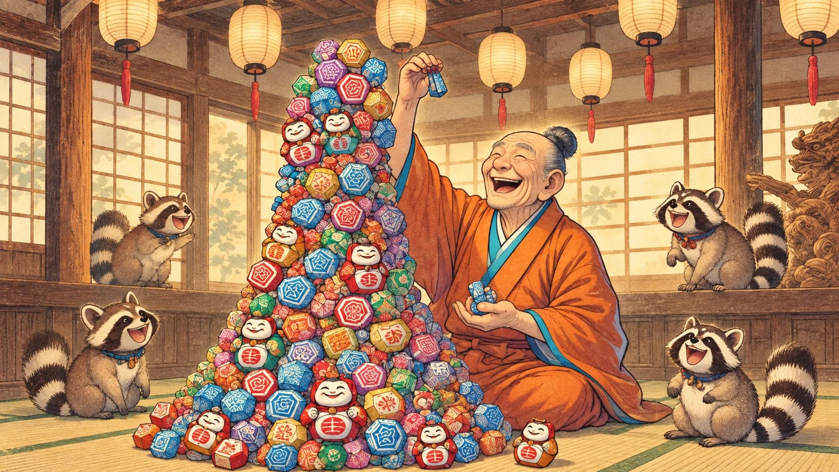 An elderly man joyfully stacking daruma dolls in a traditional Japanese setting, surrounded by playful raccoons. Click to learn the Japanese counter 〜つ (tsu).