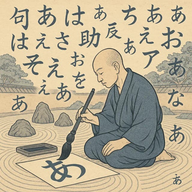 A monk practicing Hiragana with a brush in a Zen garden, surrounded by Hiragana characters. Click to learn Hiragana stroke order.
