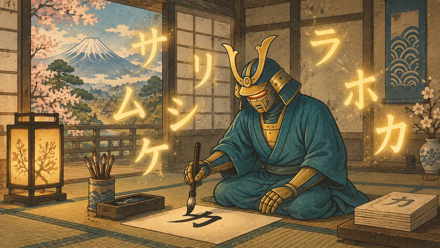 Katakana karakterlerinin yazım sırasını öğrenmek için bağlantı kartı.