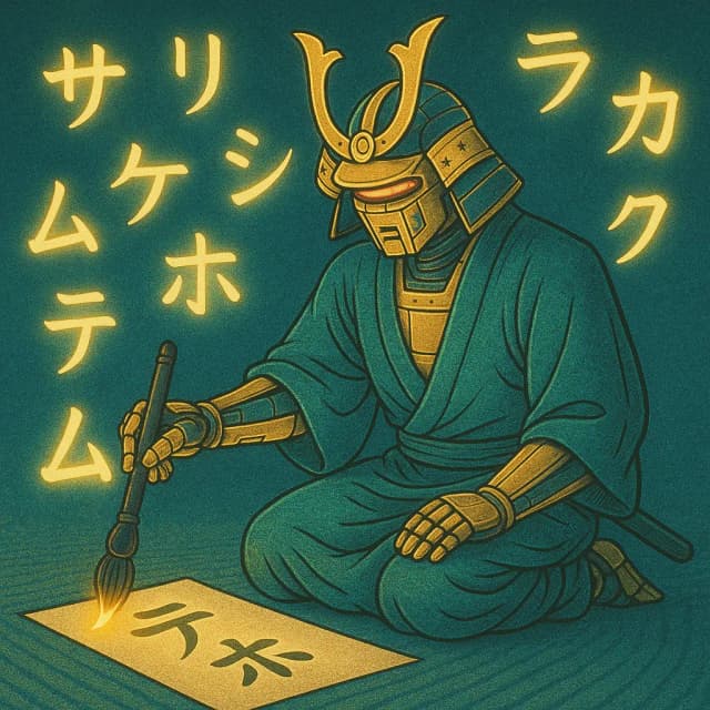 A samurai calmly practicing Katakana with a brush as glowing Katakana characters float around him. Click to learn Katakana stroke order.
