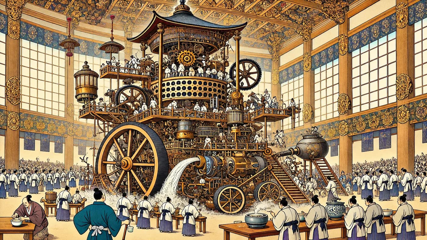 A massive intricate machine operated by people in a grand traditional Japanese hall. Click to learn the Japanese counter 台 (dai) for machines and furniture.