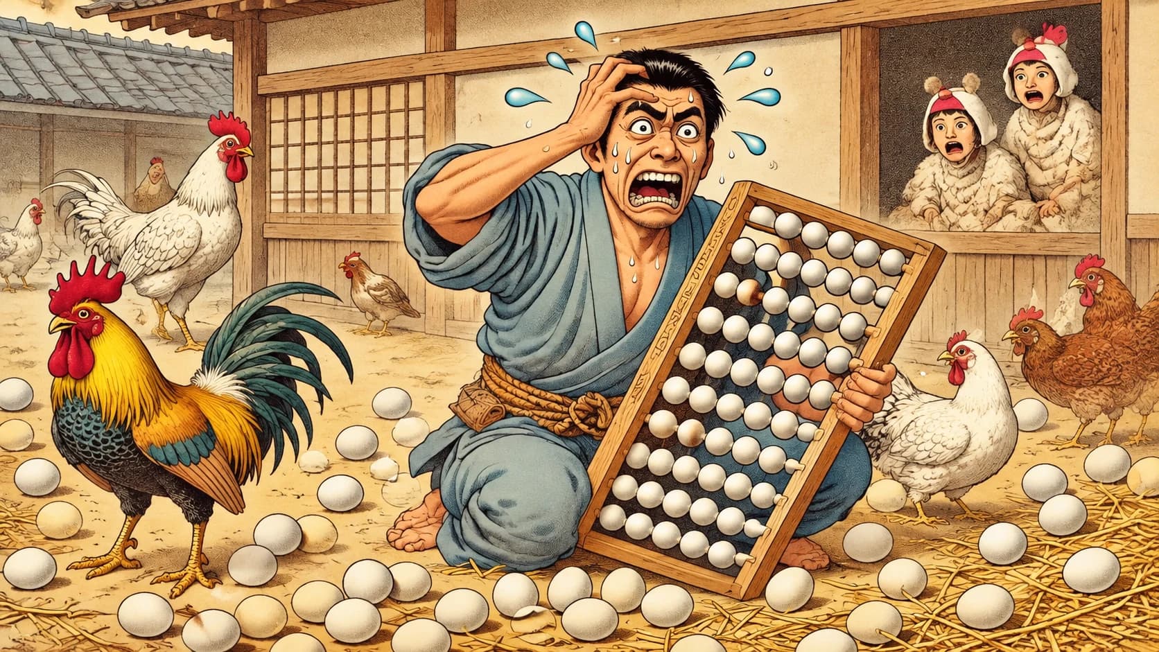 A panicked man holding a large abacus surrounded by scattered eggs and chickens in a traditional Japanese setting. Click to learn the Japanese counter 個 (ko) for small and round objects.