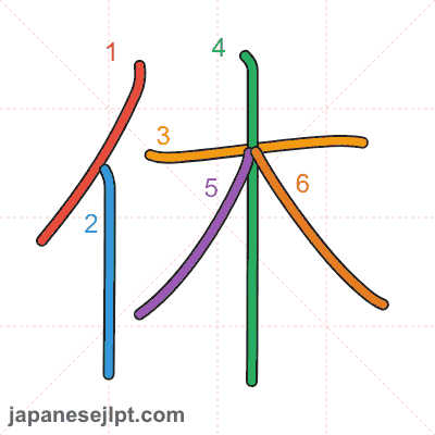 Kanji 休 (rest, day off) — Meanings, Readings & Stroke Order