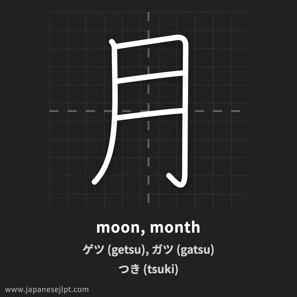 Kanji 月 (moon, month) — Meanings, Readings & Stroke Order