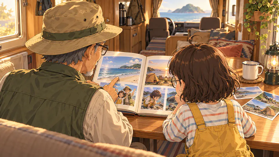 Illustration of the scene described by Every time I see this photo, I remember the summer trip.