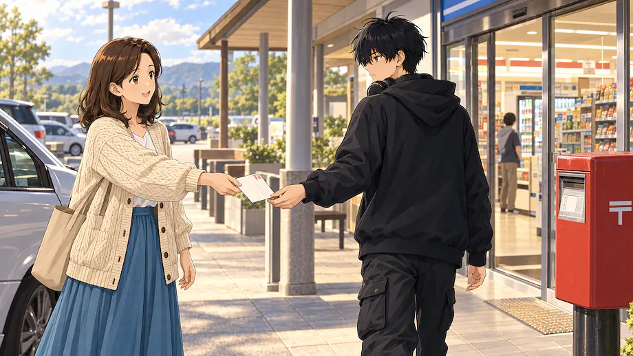 Illustration of the scene described by While you’re going to the convenience store, please mail this letter too.