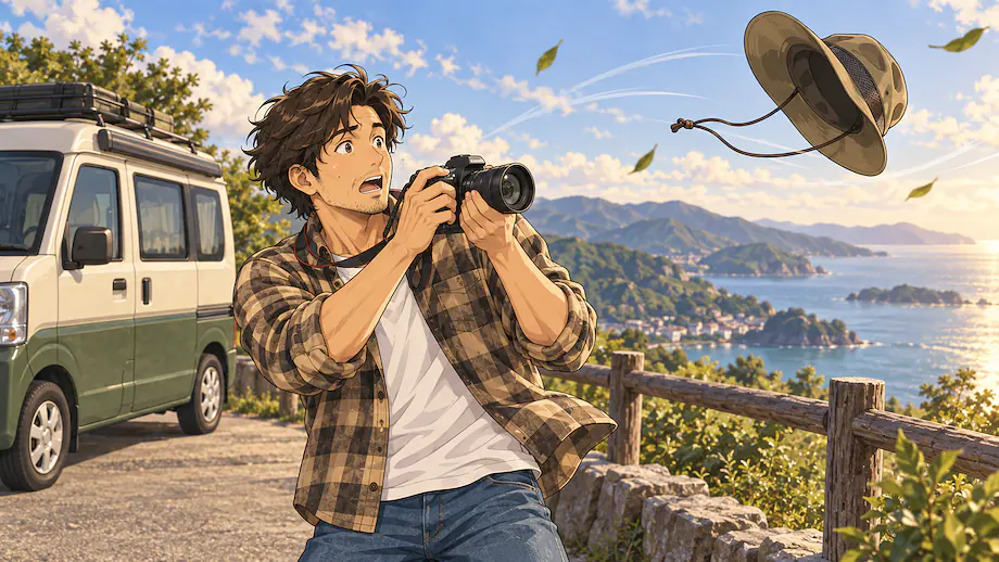 Illustration of the scene described by Right in the middle of taking a photo, my hat blew away in the wind.