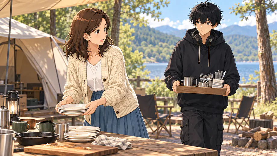 Illustration of the scene described by Just as I was about to tidy up, Ren came to help.