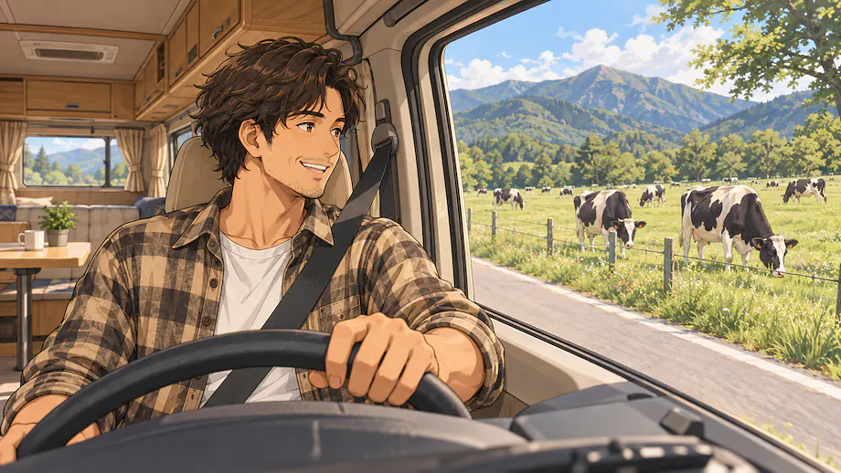 Illustration of the scene described by We saw cows partway through our drive.