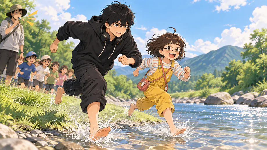 Illustration of the scene described by At the same time as the signal, the children ran toward the river.
