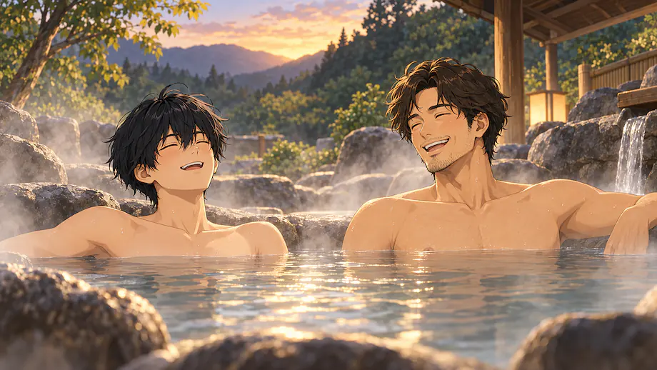 Illustration of the scene described by Only after getting into the hot spring did I understand how good it feels.
