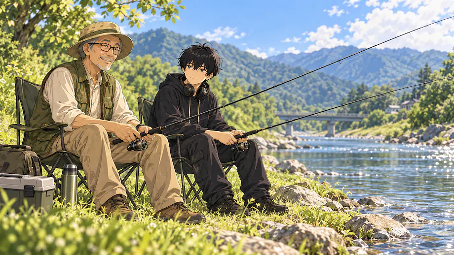 Illustration of the scene described by For the first time in a year, I went fishing together with my grandfather.