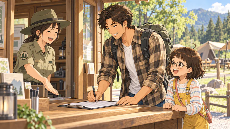 Illustration of the scene described by When using the campsite, please check in here.